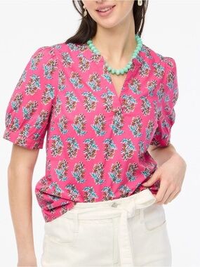 J. Crew Poplin Shirt Top Pink Floral Size Large Puff Sleeves Pink Green